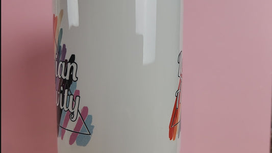 Video of LGBTQ mug reads Lesbian Activity over progress pride colors. Cute lesbian mug on pink background