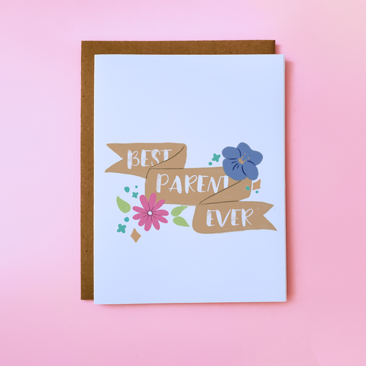 Image shows a LGBTQ Parent Card on pink background. Inclusive Parent Card reads 'Best Parent Ever'.